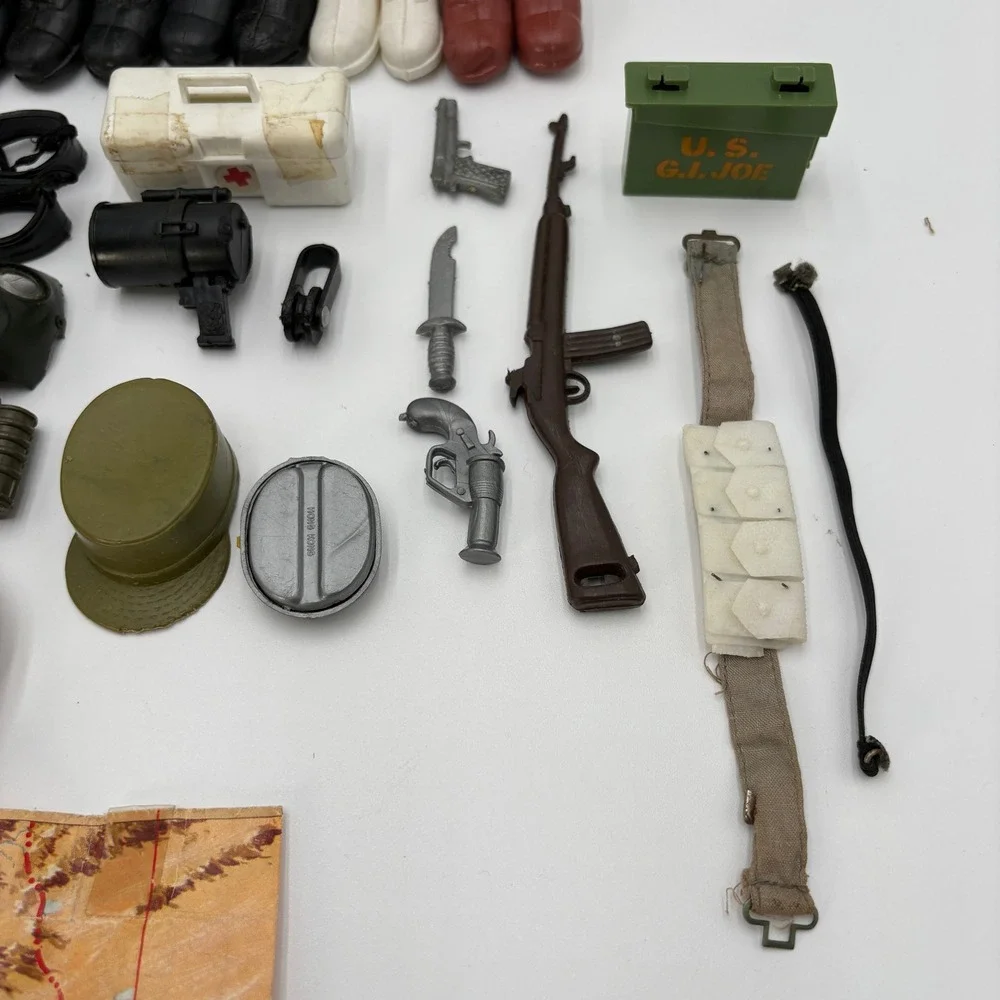 Vintage 1970s GI Joe Accessories Lot Hats Boots Weapons Map Gas Mask Replacement